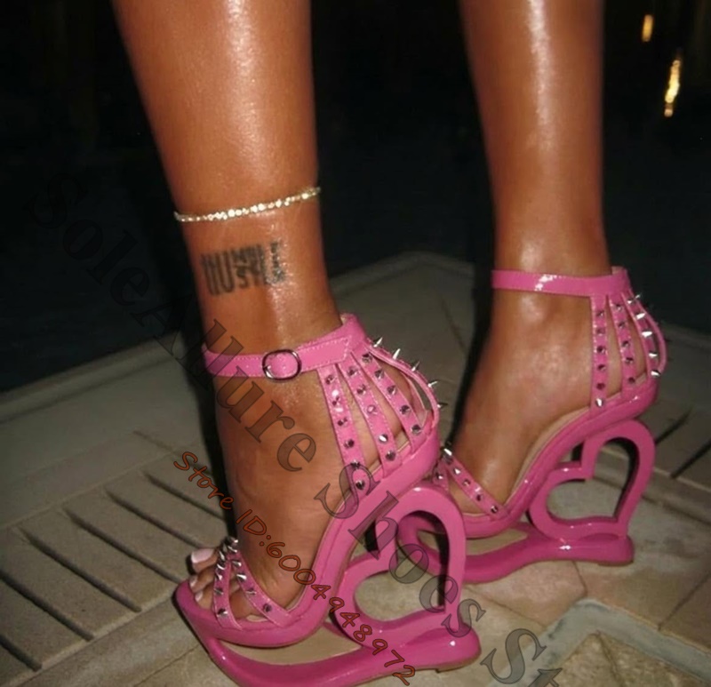 Wide Fit Heels - Hot Pink Spike Stud Caged Heart