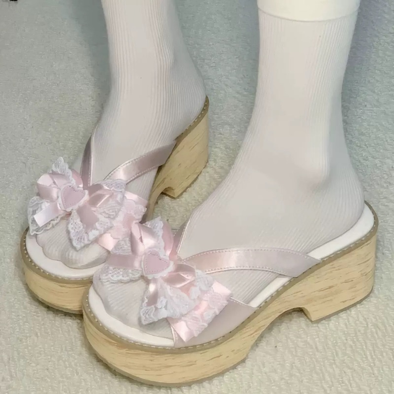 Wide Fit Heels - Sweet Bow Wood Grain Thick Bottom